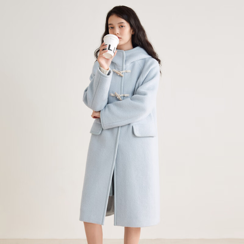 乐町韩系少女风长款连帽牛角扣大衣2024秋冬季新款圈圈毛呢外套女 轻柔蓝(现货) S