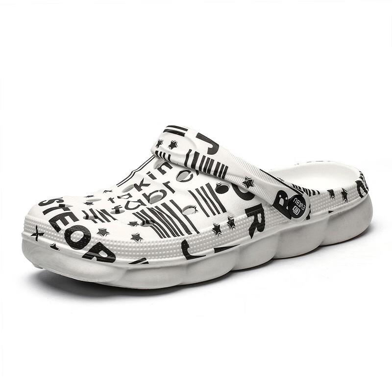 情侣洞洞鞋室外防滑厚底男士沙滩鞋夏季外穿迷彩两穿软底包头拖鞋 白英文 36