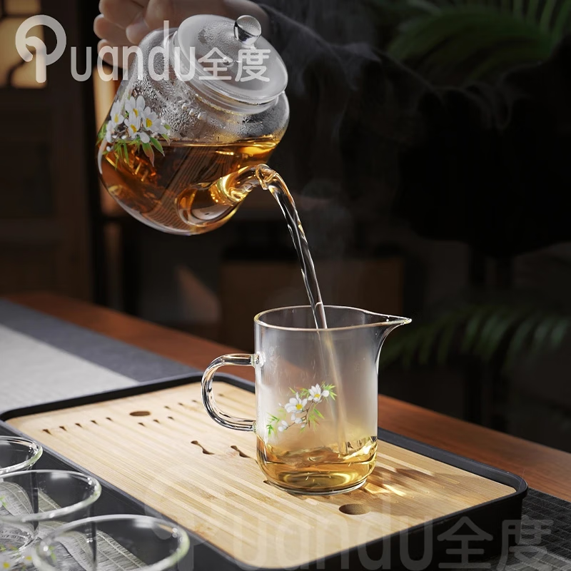 全度玻璃泡茶壶家用耐高温玻璃茶壶花茶过滤功夫茶具办公室茶壶加厚 春意茶壶套组【无茶盘】 6件