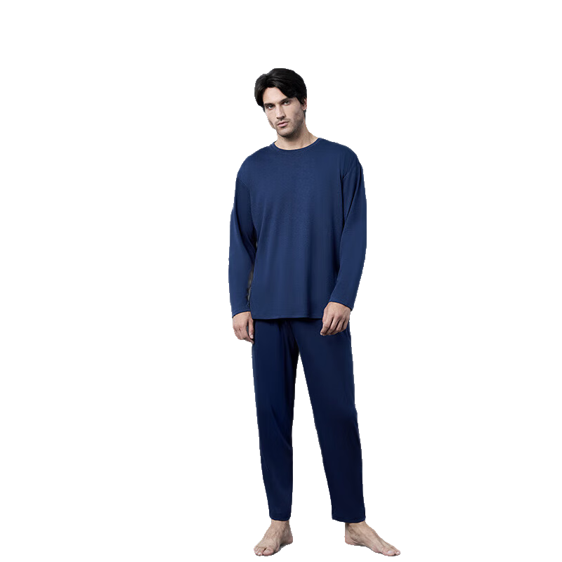舒雅【棉麻材質(zhì)】男士寬松圓領(lǐng)長袖長褲插袋睡衣家居服套裝
