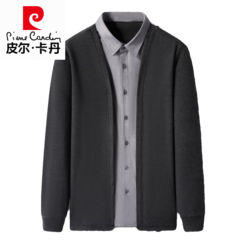 皮尔卡丹（pierre cardin）高档品牌秋冬季男士假两件针织衫中年翻领休闲针织加绒加厚打底衫 黑色 165/80A M码 建议100-120斤