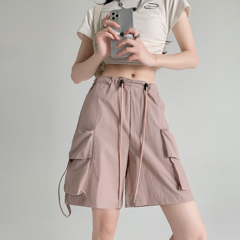 蕉下渔速干工装短裤女夏季2025新款高腰宽松休闲显瘦中裤灰色运动五分裤 粉色 XL