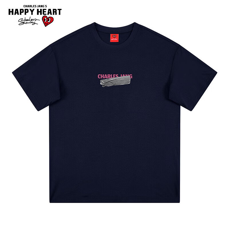 查尔斯桃心夏季简约LOGO字母美式休闲宽松百搭潮流薄款透气短袖T恤男女同款 藏青色 XL