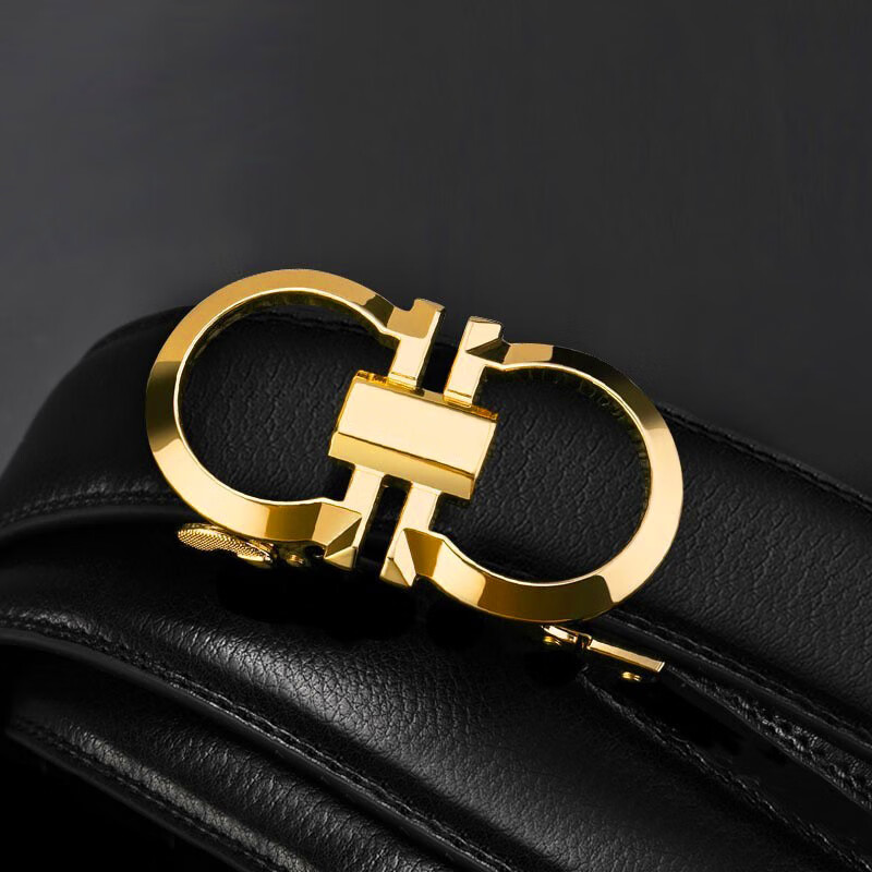 POACY男士皮带真牛皮 商务腰带男时尚裤带男款字母简约 礼物 PY02金色扣无字母 115cm 【裤码35-37】