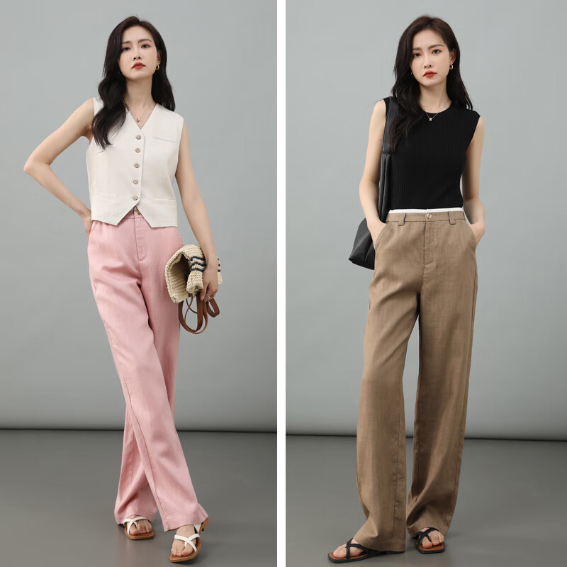 凌丹娜樱花粉亚麻阔腿裤女夏季薄款垂感天丝女裤宽松休闲直筒裤冰丝长裤 卡色 33码