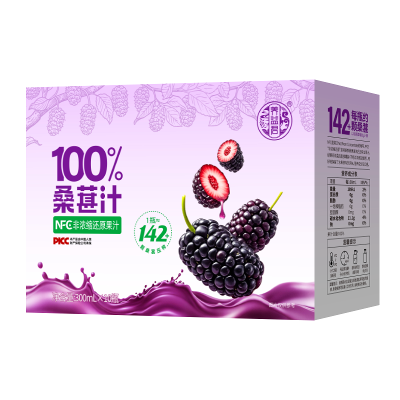 养益君100%NFC桑葚汁桑果汁纯果蔬汁饮料便携礼盒装300ml*10瓶