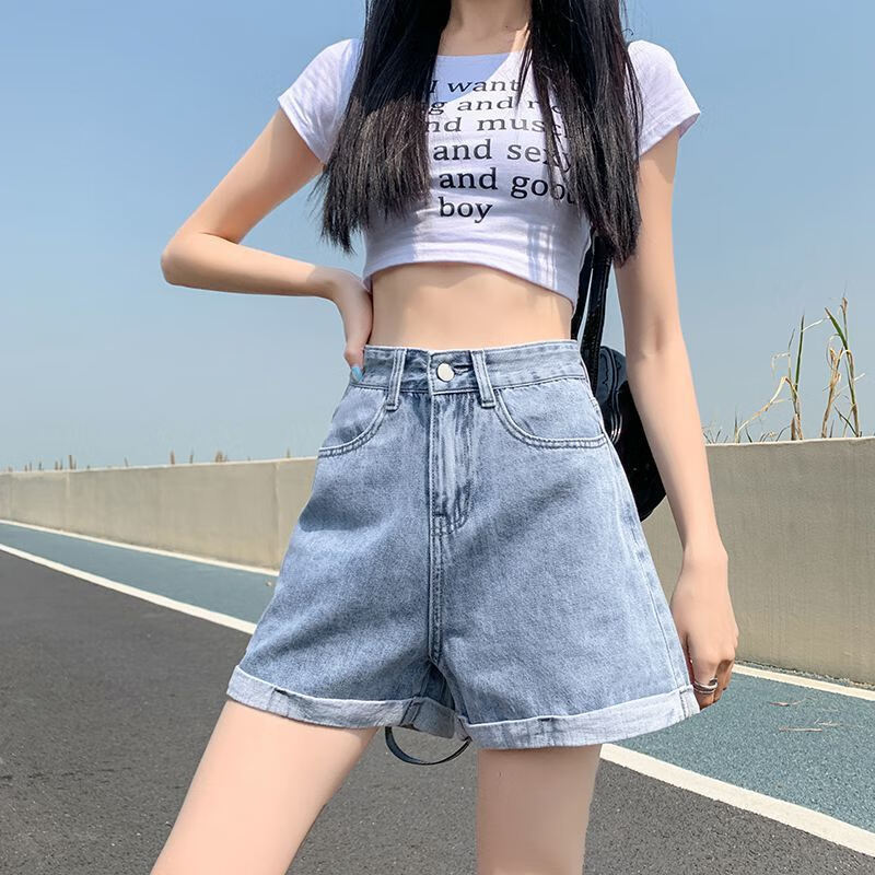 卷边牛仔短裤女夏季外穿高腰显瘦百搭辣妹阔腿 浅蓝色【卷边】 S