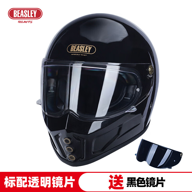 BEASLEY HELMETS比斯力復古摩托車頭盔男秋冬季頭盔機車騎行賽博朋克全盔玻璃鋼3c KD-3亮黑色（白片）送黑色鏡片 L碼（推薦頭圍59~60)