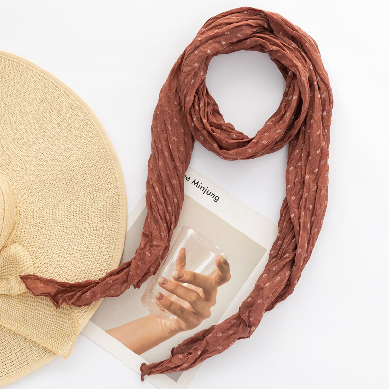 yeae棉麻碎花围巾女枫叶红春夏季薄款防晒丝巾百搭褶皱包头护颈披肩