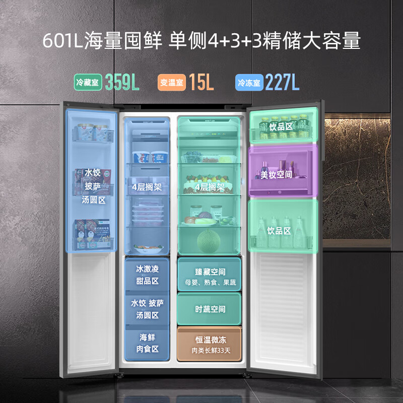 美菱(MeiLing)【M鲜生】601升对开门两门冰箱 风冷无霜一级能效 MLS强力除菌保鲜 BCD-601WQ5DC