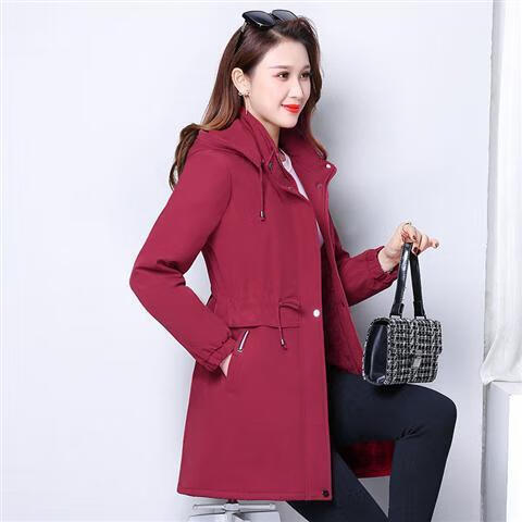 冬季穿的加厚保暖女士中长款风衣加绒风衣女冬季新款女装韩版宽 红色