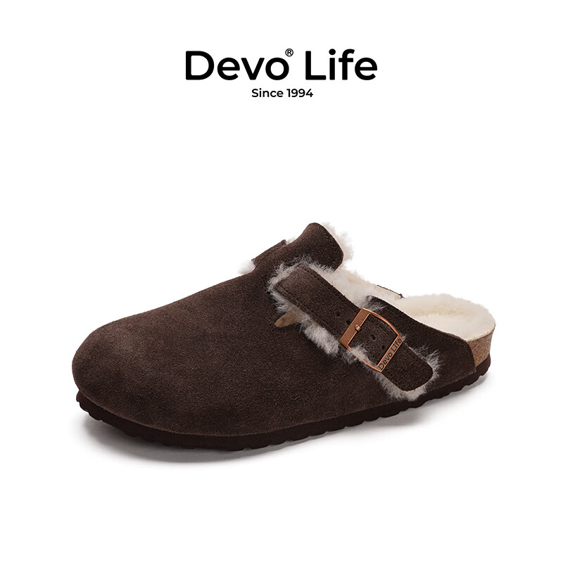 Devo Life的沃包头套脚毛毛拖鞋加绒内里软木半包半拖休闲情侣鞋96024 深棕反绒皮+羊毛 39