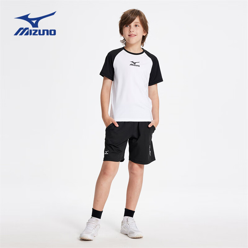 美津浓(MIZUNO)儿童运动套装透气男女同款2026年夏季新款速干运动T恤休闲短裤 黑白 TZ24230273 165 cm (建议身高160-165cm)