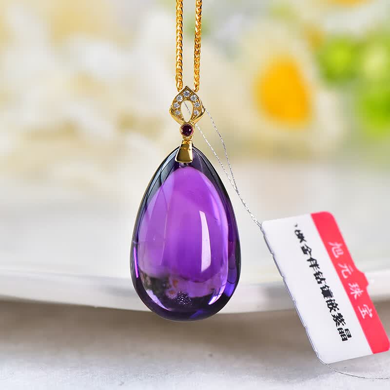 旭元18k金伴钻天然紫水晶项坠水晶吊坠女款节日礼物伴手礼 36*17.5* 13.6mm 8.87g
