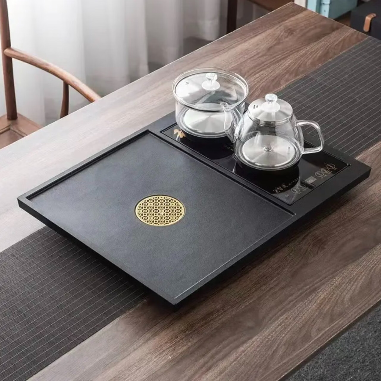 全自动一体套装乌金石茶盘家用简约功夫茶具合成石头茶海茶台办公 方正80*45+【全自动烧水壶】