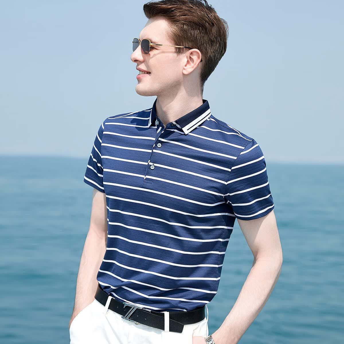 安东尼奥【11.4%桑蚕丝+88.6%棉】自然纤维短袖t恤条纹POLO衫男士夏季服装