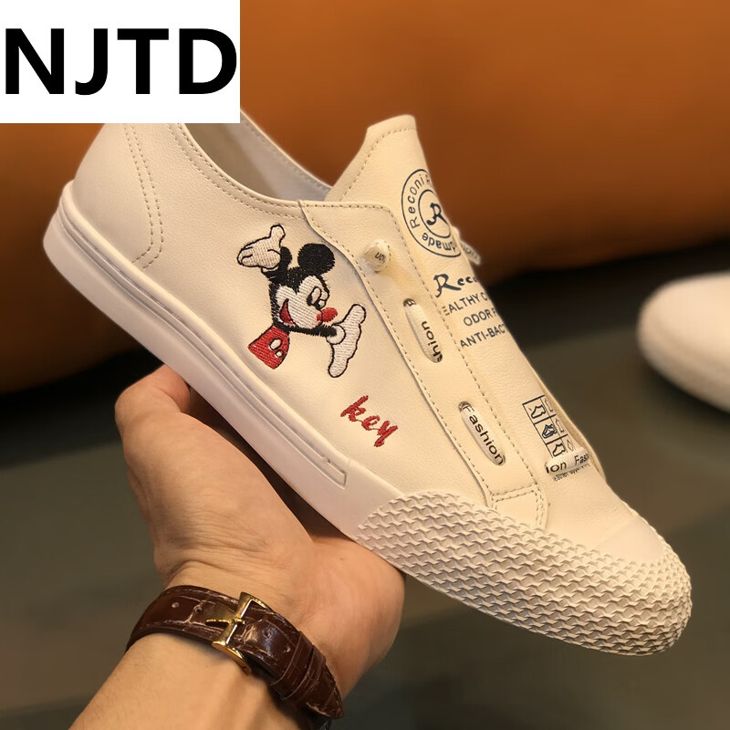 njtd轻奢男鞋英伦白鞋男米老鼠鞋子潮流板鞋 白色key 37