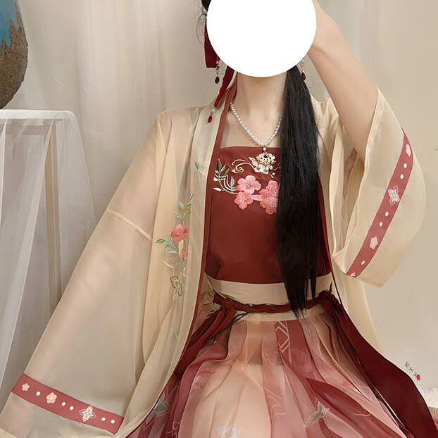 彤瑛汉服女初中生宋制凌霄花刺绣褙子百褶裙暗红中国风夏季薄款全套古