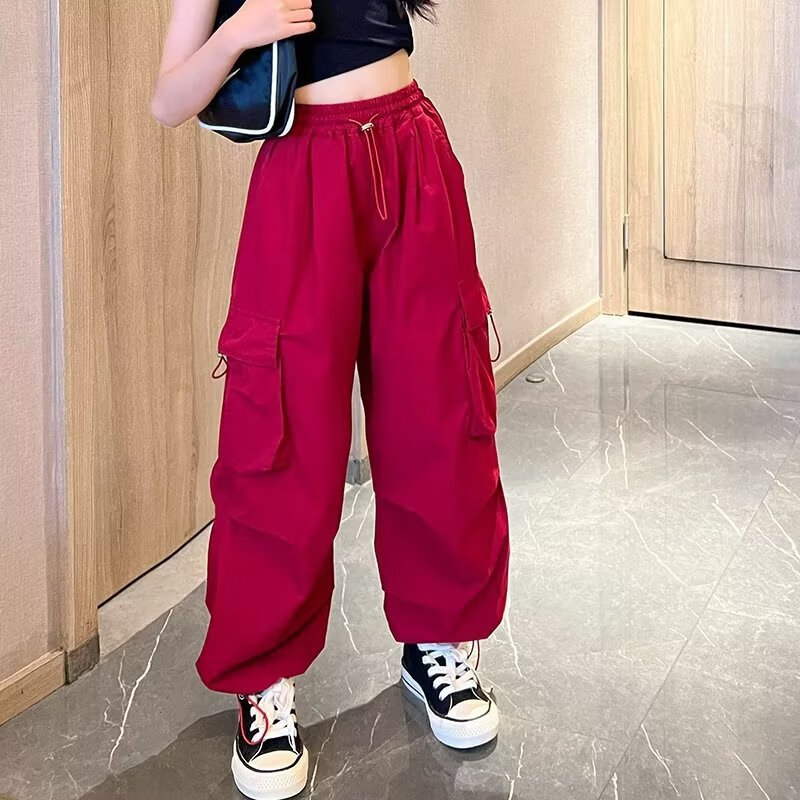 其女童阔腿裤夏装夏天薄款防蚊裤子女童工装裤夏装2024洋气裤子 红色