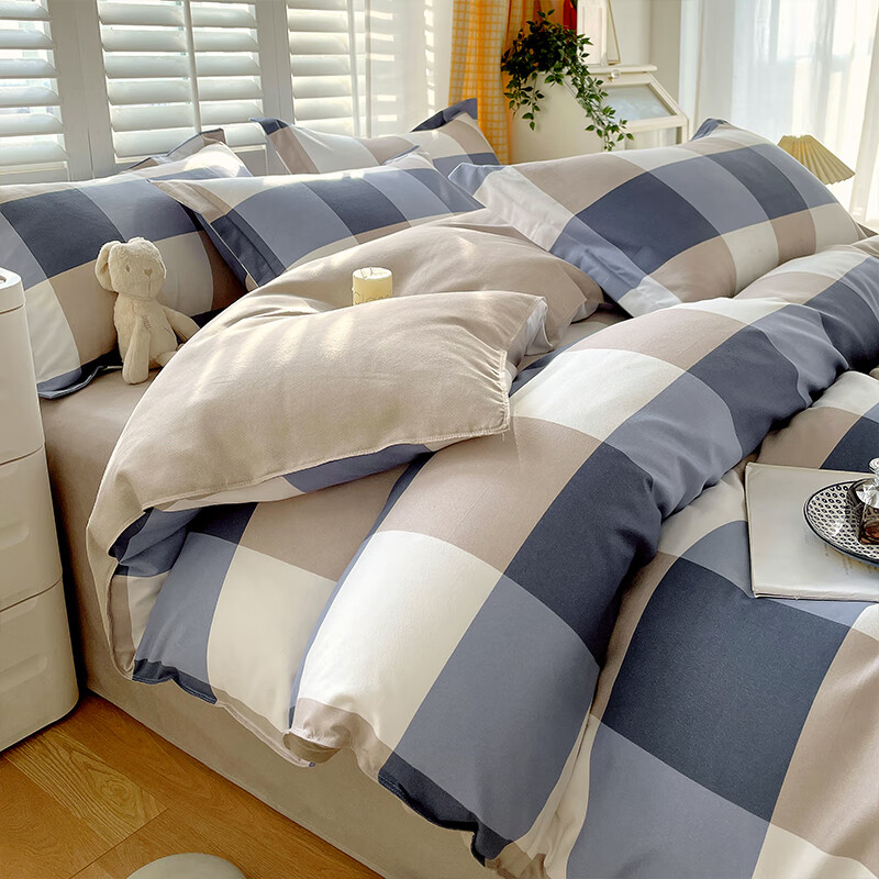 恒源祥 床上四件套 裸睡亲肤透气单双人被罩时尚印花被套床单四件套 蓝白大格 1.2m床 床单款 （被套150*200cm）