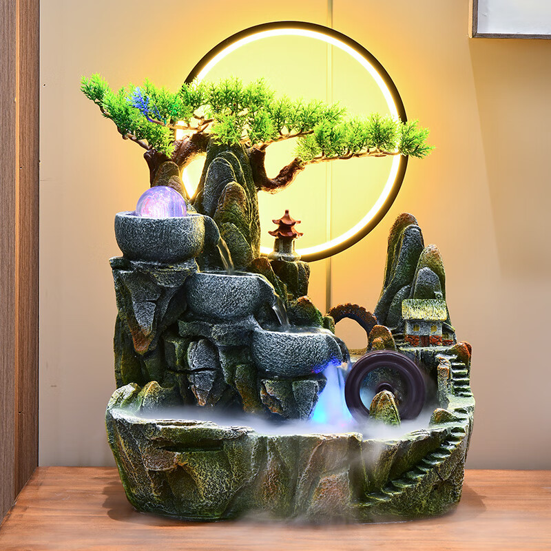 謝藝假山流水噴泉盆景魚缸風(fēng)水輪擺件客廳辦公室高山循環(huán)水開業(yè)工藝品 43*23*59厘米帶霧化器