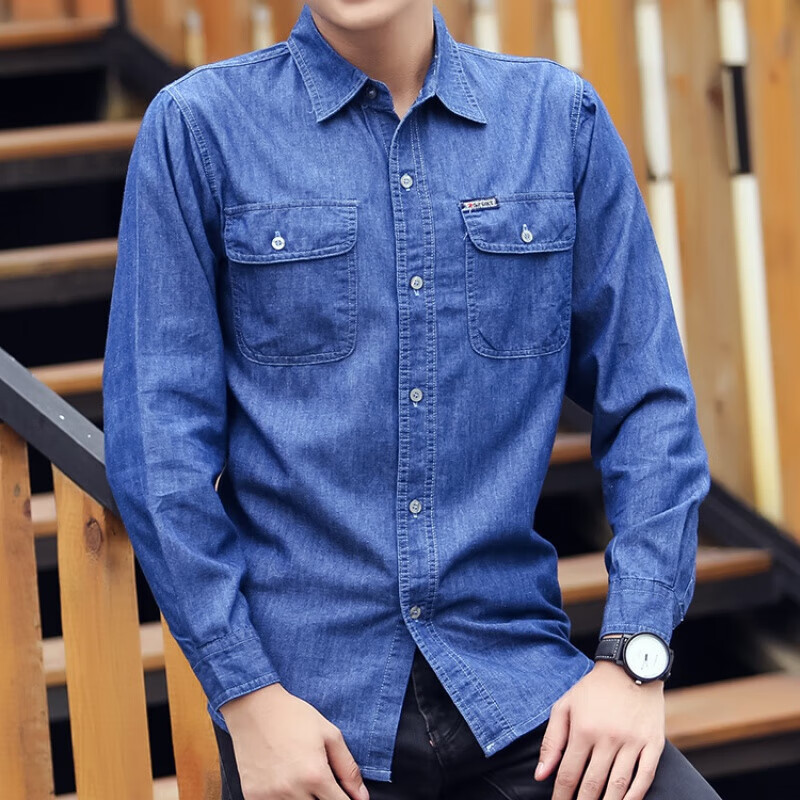衬衫男士长袖棉质牛仔外套男士韩版修身休闲工作装劳保工 深蓝色c009