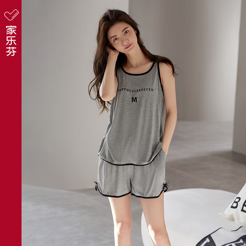 家乐芬睡衣女士夏季棉质无袖背心吊带短裤家居服女夏天夏款薄款两件套装 A824828暗灰 2XL 码 (体重140-165斤)