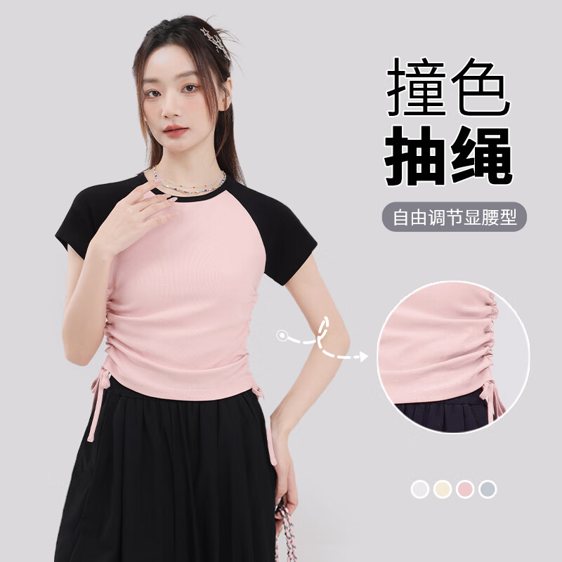 真维斯撞色抽褶紧身短款短袖t恤女夏季新款时尚休闲校园风半袖GX 麻灰-纯色 M