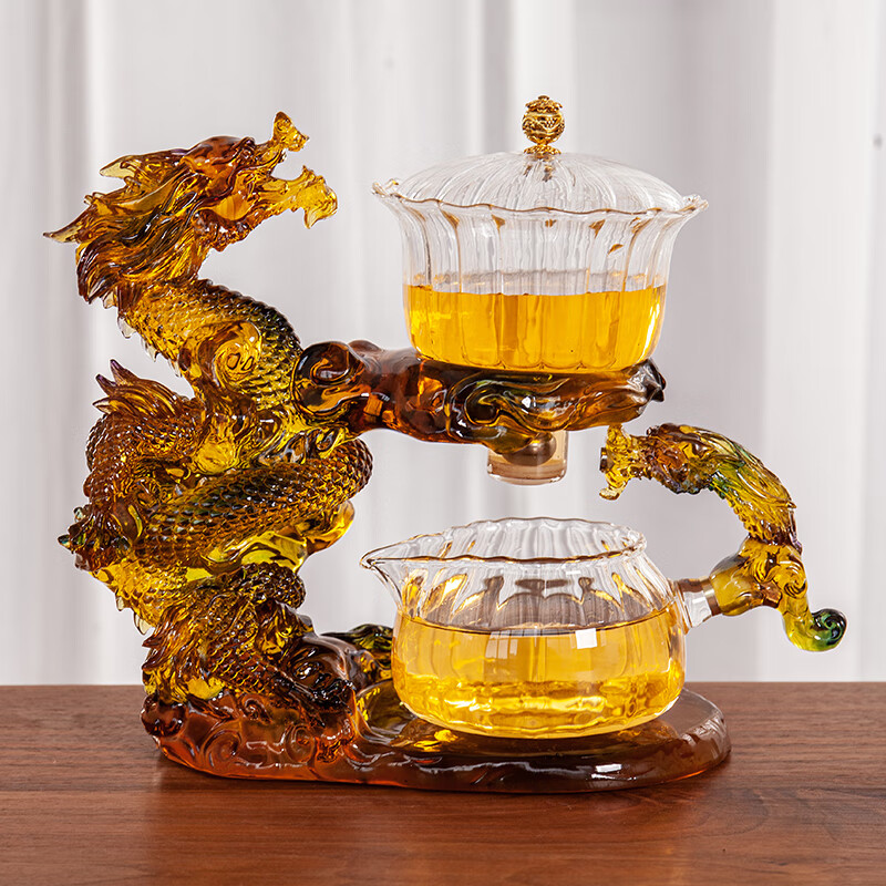 陶致新款仿琉璃龙腾盛世玻璃自动茶具套装高档懒人泡茶神器防烫泡茶壶 龙腾琉璃色花瓣泡茶器
