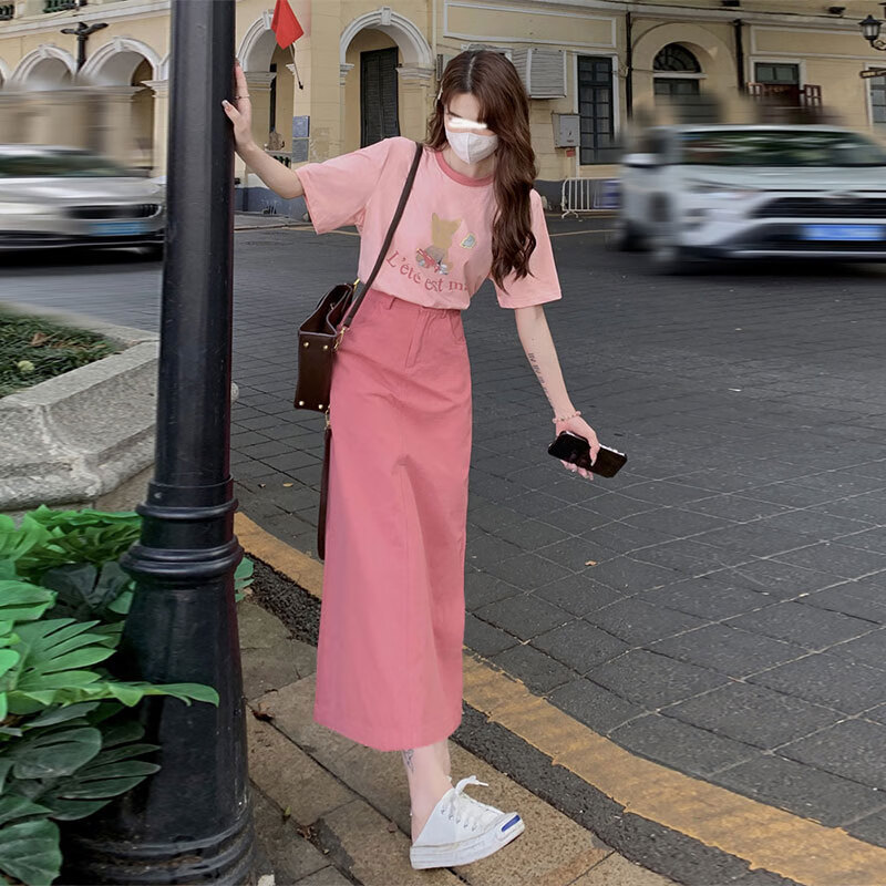 170-175套装夏天穿搭然然适合女生的时装半身长裙绝美 粉色半身的裙 s