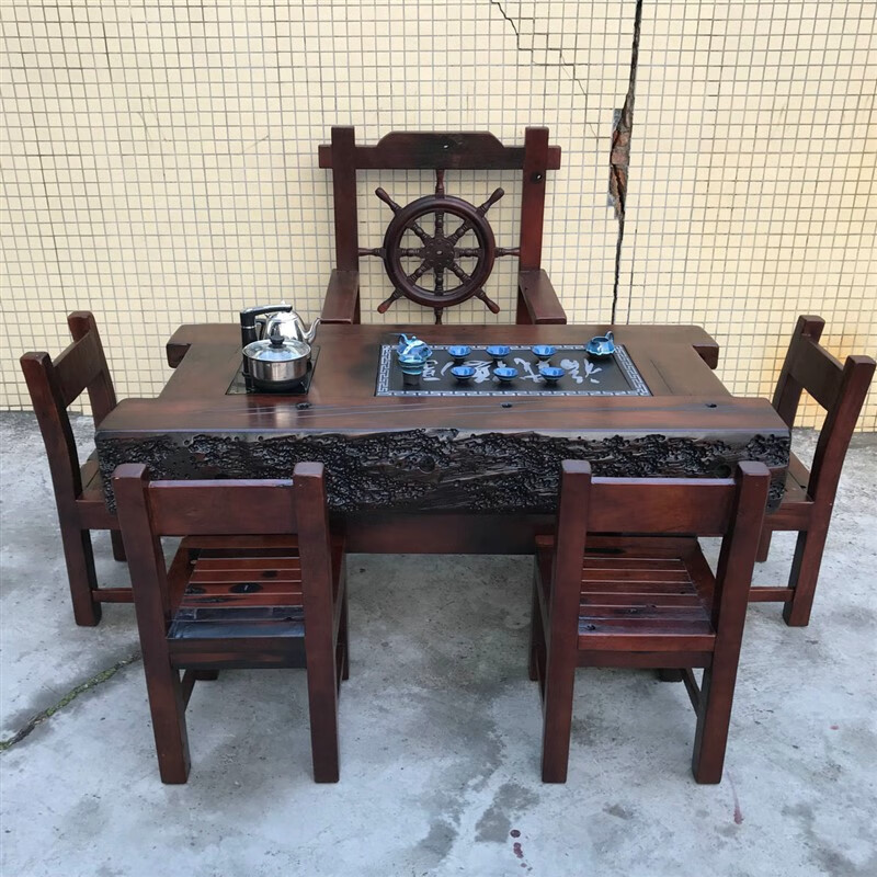 澳颜莱老船木茶桌椅组合 老船木茶桌茶具套装一体中式龙骨茶台实木