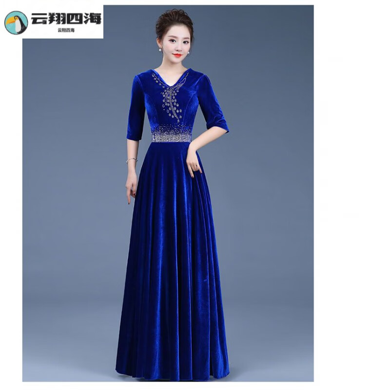 云翔四海經(jīng)典大合唱團合唱服金絲絨秋冬季禮服演出比賽服紅歌長裙 深藍色 鳳尾鉆 M 胸圍2.8尺