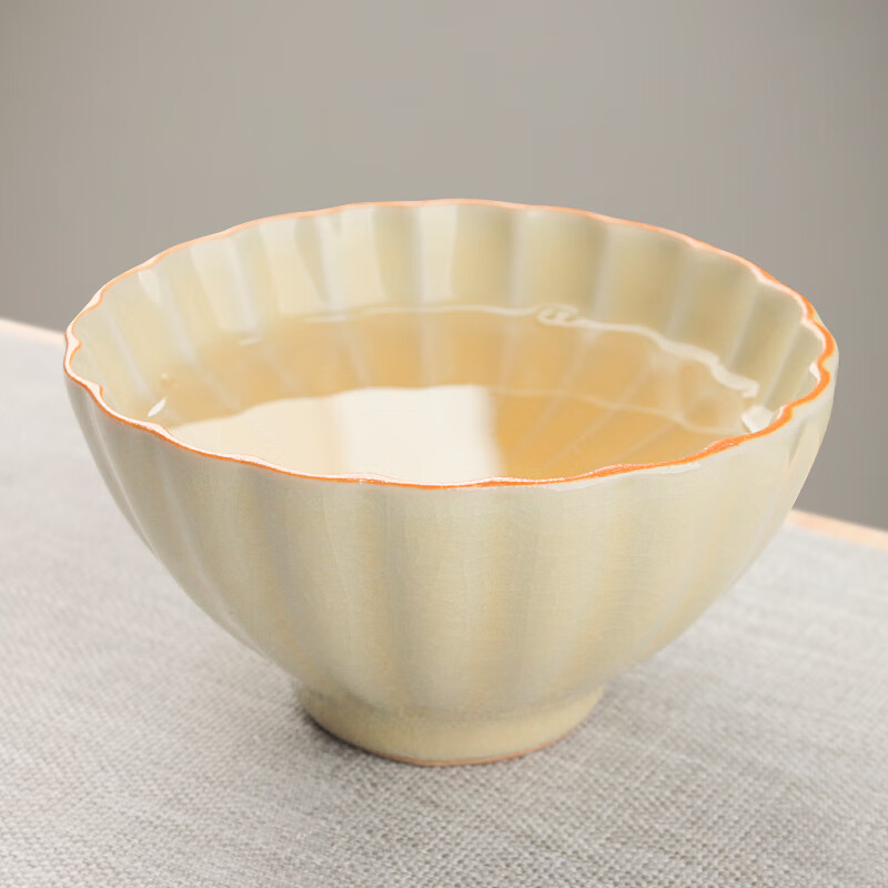 易信花瓣大号茶杯主人杯汝窑开片喝茶杯陶瓷杯单杯锦盒包装茶具配件 汝窑菊花杯-米黄