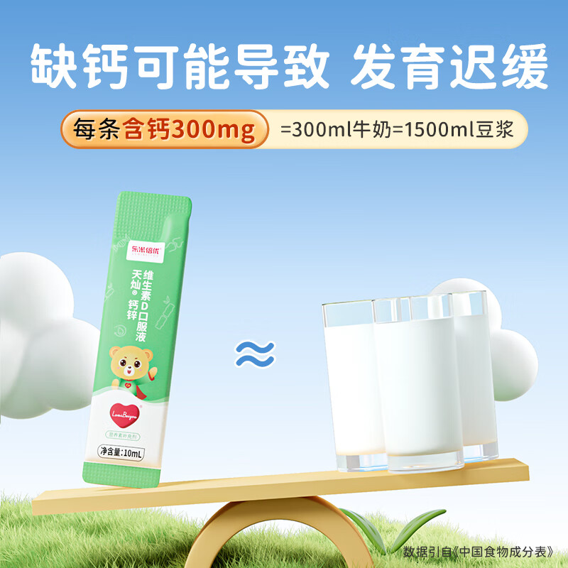 乐米倍优钙锌维生素D3口服液 婴幼儿童液体钙锌宝宝柠檬酸钙 【蓝帽子】1岁+液体高钙300mg 30袋*1盒
