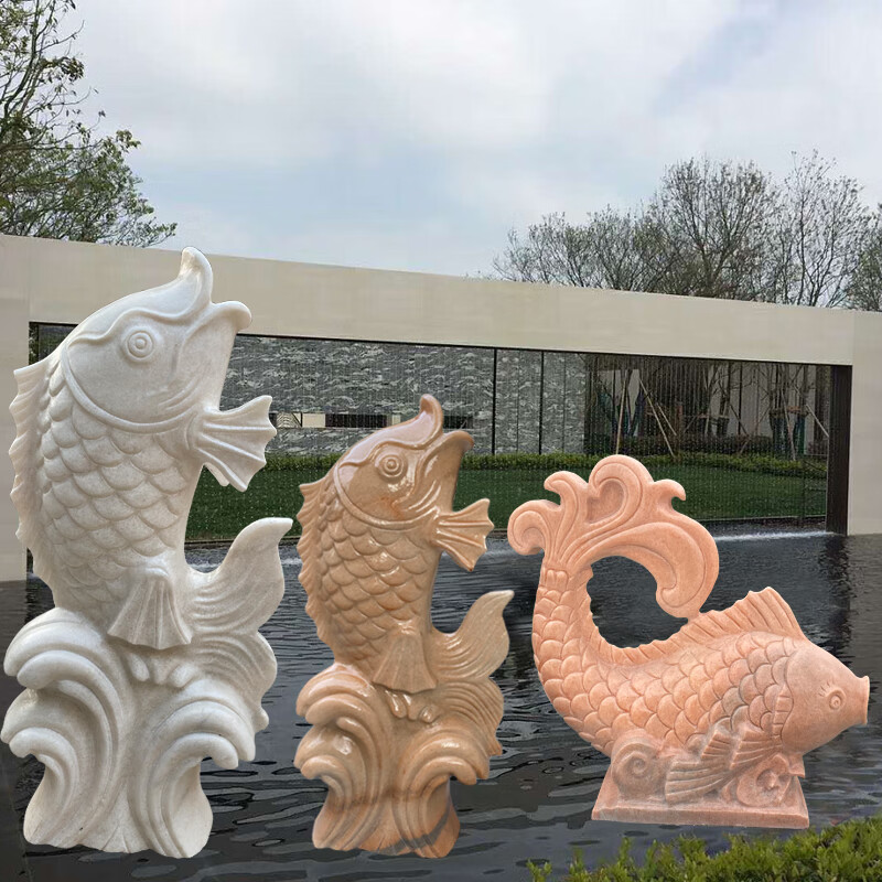 麟酷户外喷泉石雕石雕喷水鱼晚霞红鲤鱼喷泉天然景观园林户外水池广场