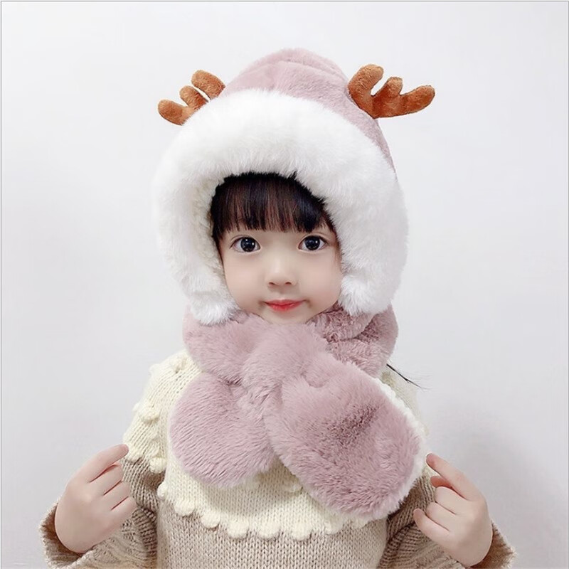 儿童帽子围脖一体秋HP细选圣诞鹿角帽子加绒加厚可爱保暖宝宝帽