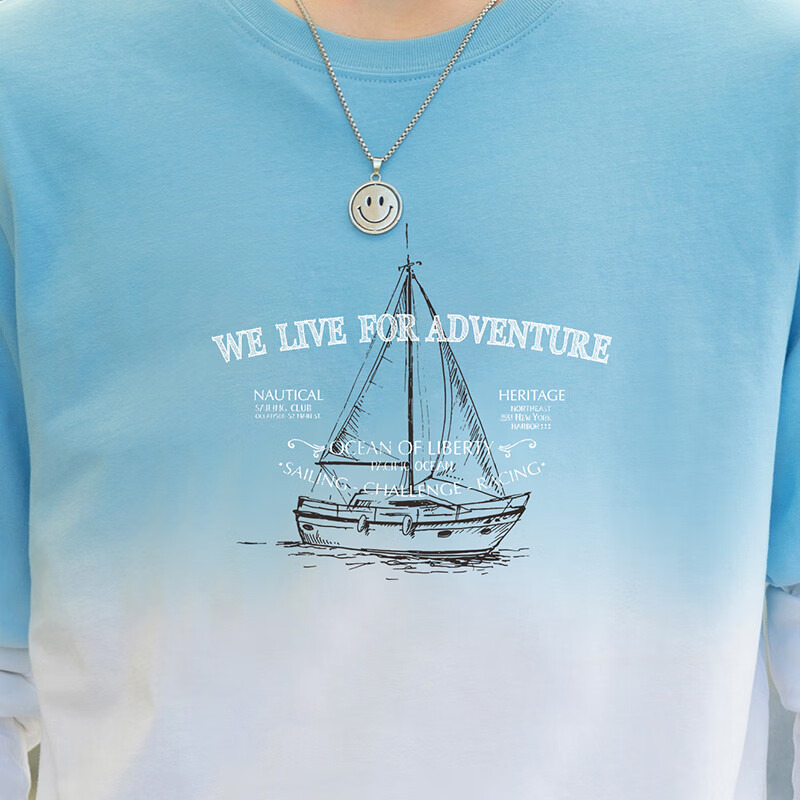 TEEK秋季纯棉长袖t恤男装青少年秋冬款渐变色男士上衣 潮流体恤衫衣服 JAC66X蓝白色 M