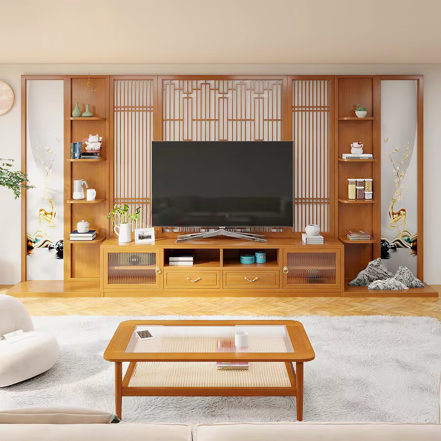 新中式实木电视柜一体组合墙柜隔断柜客厅电视机柜现代中式背景墙 320