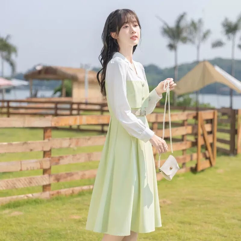 三彩名莎别致独特法式连衣裙女装春季2024年新款假两件温柔风收腰长袖