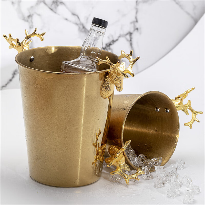 PJ欧式香槟桶不锈钢冰桶家用冰酒桶金色鹿角冰块桶复古样板房装饰 金色大号5L+不锈钢冰夹