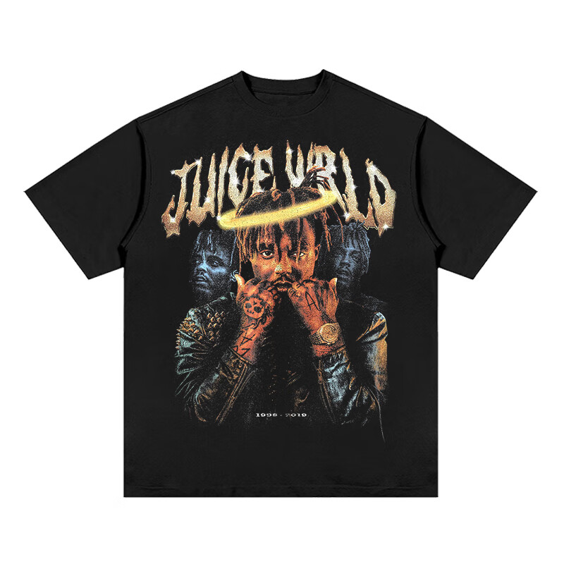 狮奥利兴vintage juice wrld欧美嘻哈说唱人物印花短袖t恤宽松水洗做