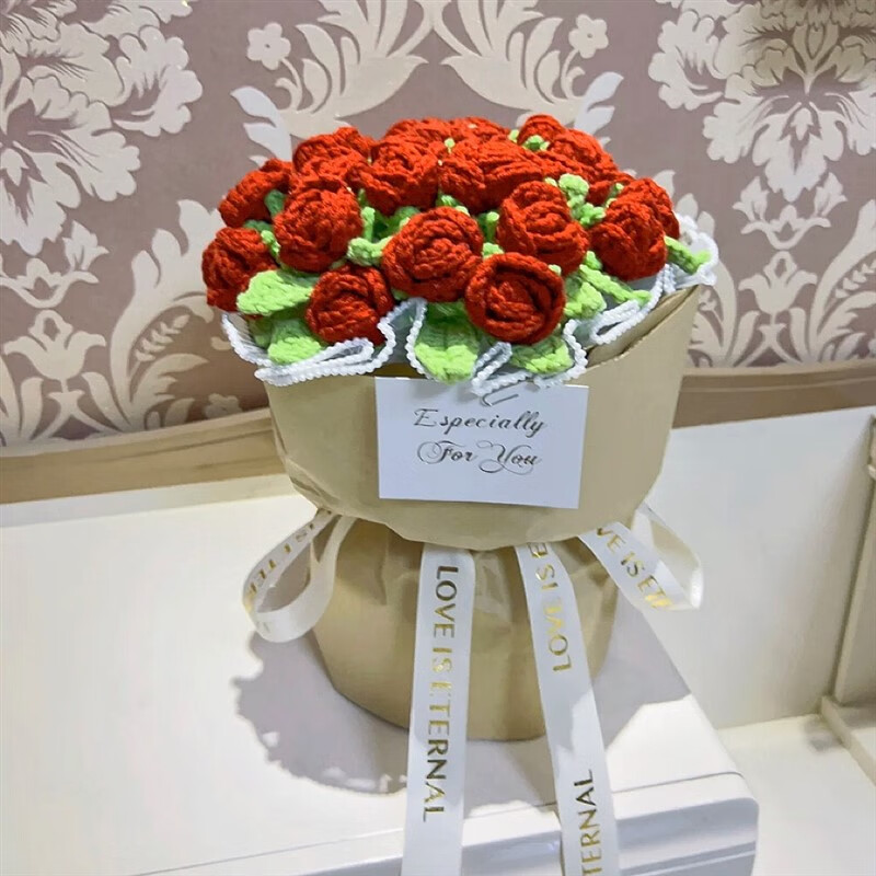 手工花束毛线编织玫瑰花材料包送闺蜜女友 橘红色多头玫瑰diy材料包