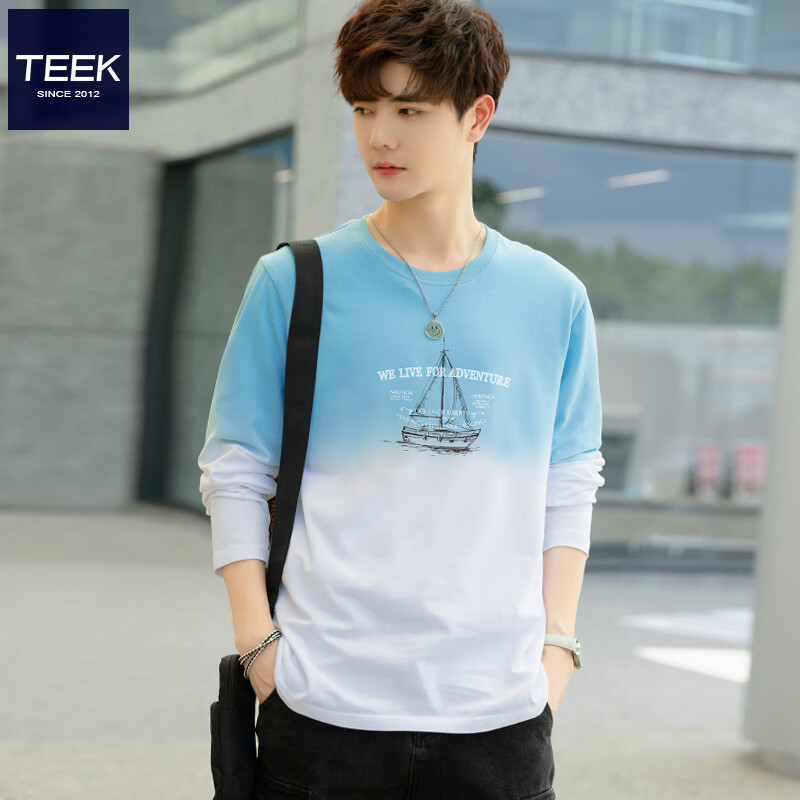 TEEK秋季纯棉长袖t恤男装青少年秋冬款渐变色男士上衣 潮流体恤衫衣服 JAC66X蓝白色 M