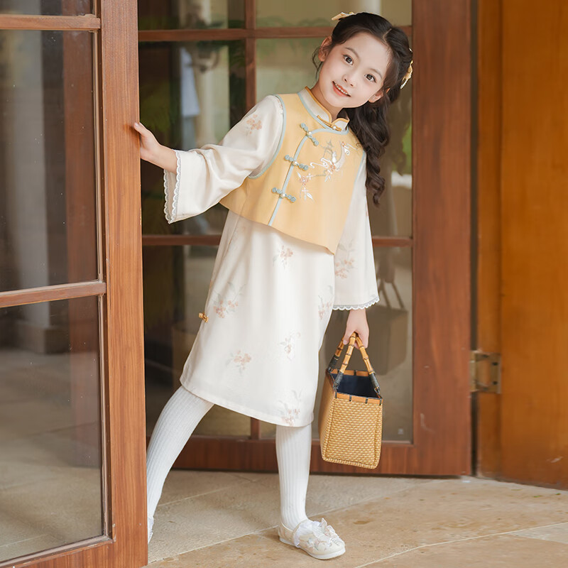 旗鉑旗袍女童春秋兒童漢服2025新款國風(fēng)旗袍裙 桂葉 旗袍+馬甲  120 