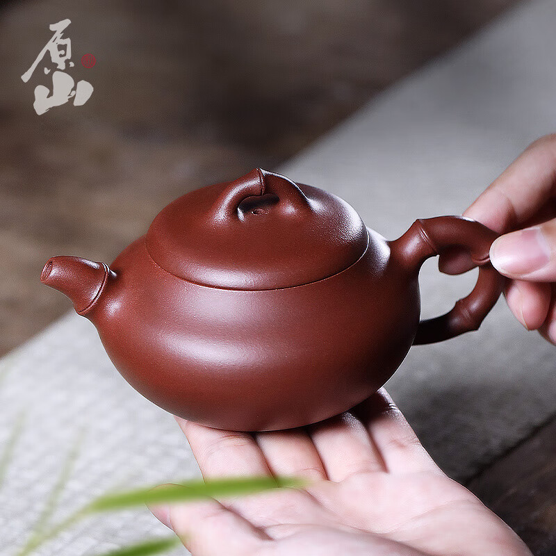 原山 名家国工吴大师竹段竹节壶纯手工紫砂壶原矿宜兴紫泥壶茶具泡茶壶茶壶一壶两杯套装