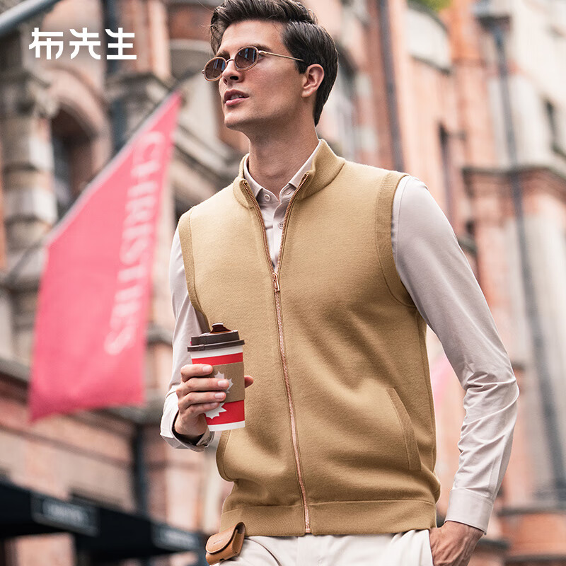 布先生无袖羊毛衫男背心春秋新款拉链立领外穿马甲纯色男士上衣 BT11583 驼色 L (175)