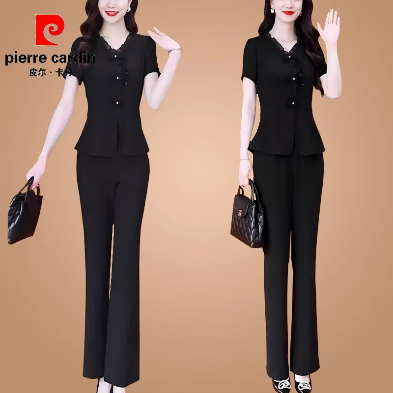皮爾卡丹（pierre cardin）氣質(zhì)顯瘦國風(fēng)盤扣上衣微喇叭褲兩件套2025夏季新款時(shí)尚短袖套裝女 【黑色】套裝#8772 XL 建議【115-125斤】