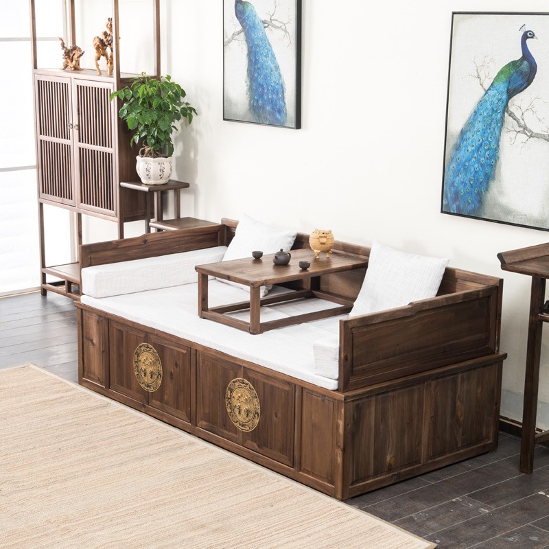 根华夏 新中式罗汉床胡桃木沙发床实木客厅家具仿古中式古典家具箱体