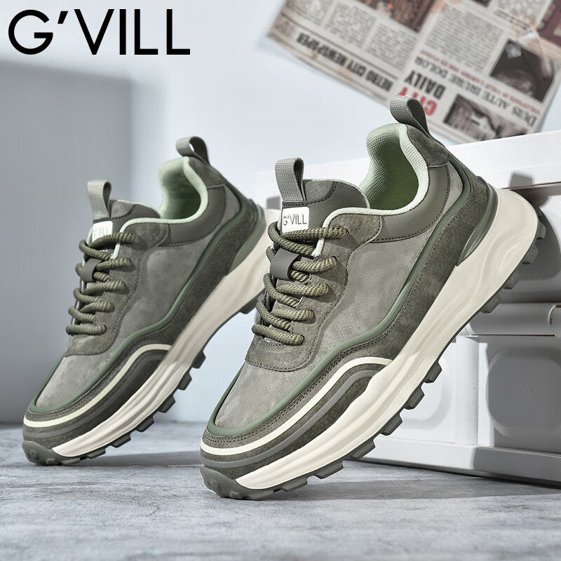 贵之步秋冬季复古男鞋软底新款休闲鞋增高缓震厚底防滑舒适运动鞋男款 豆绿 G005 43 （运动鞋码）