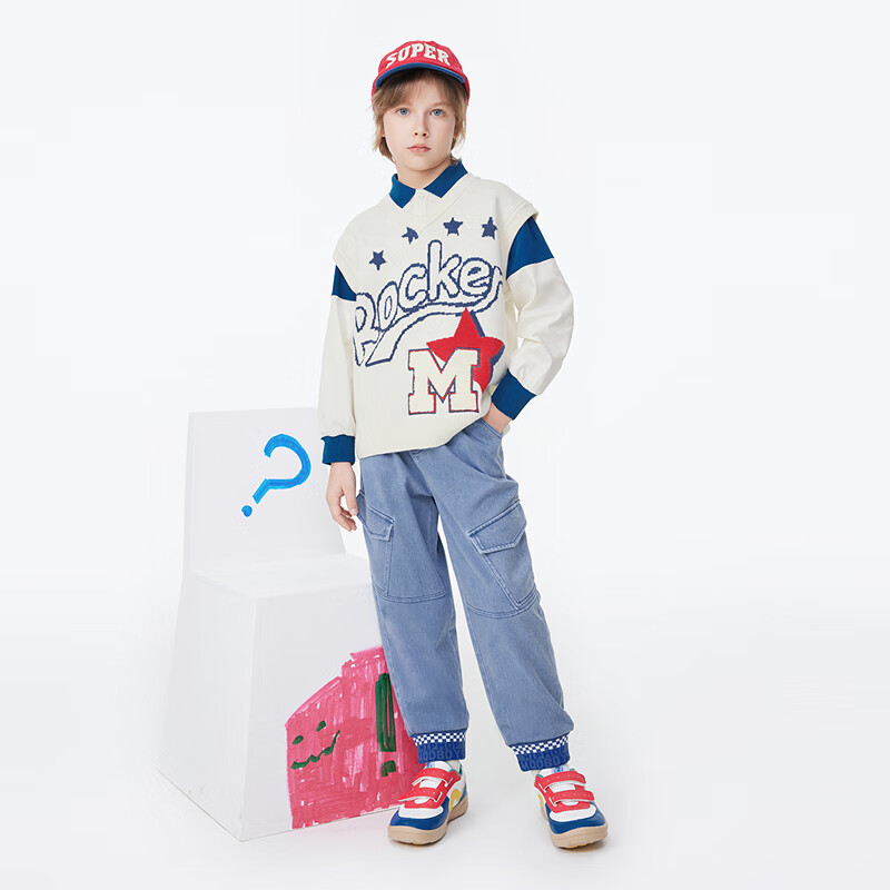 MQD童装男大童超软学院风针织牛仔裤春大口袋束脚长裤 浅牛仔蓝 130